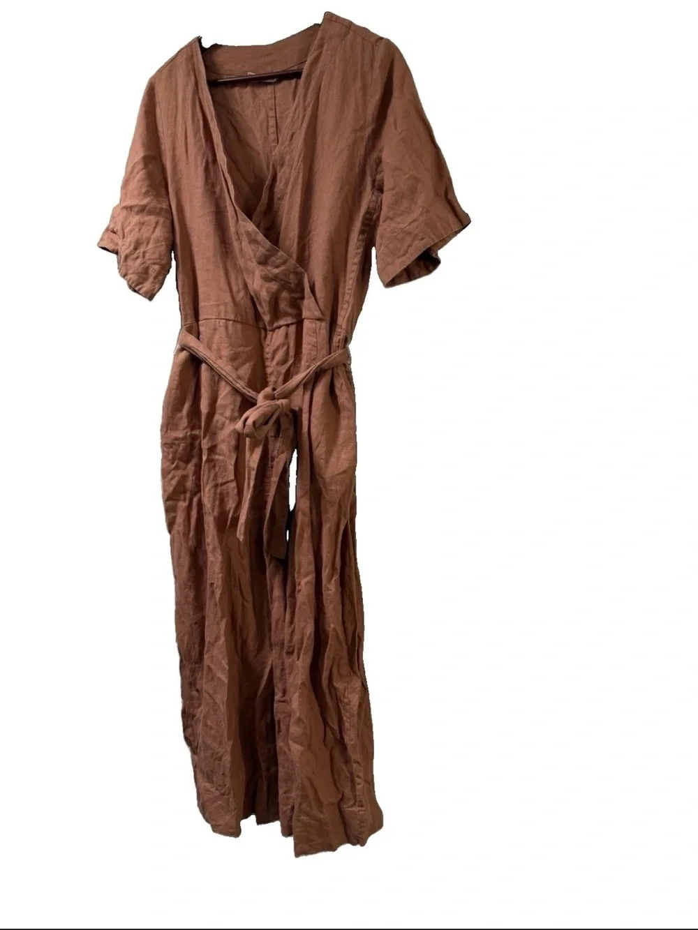 Everlane European Flax Linen Wide Leg Wrap Clay Brown Belted Jumpsuit 10 Summer